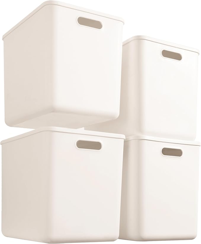 4 pack large plastic White storage bins Baskets, Toy Box Chest with Lids and Handle，Organizer Containers for Baby，Kids,snacks,Nursery，Shelves，Playroom, Bedroom，Office,Closet，home