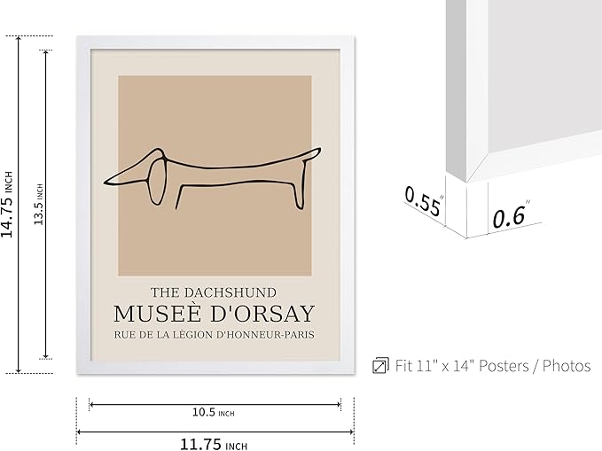 Poster Master Vintage Poster - Retro Minimalist Print - Gift for Artist, Housewarming - Dachshund Dog, Line Drawing, Abstract - Wall Decor for Living Room, Bedroom, 11x14 White Framed