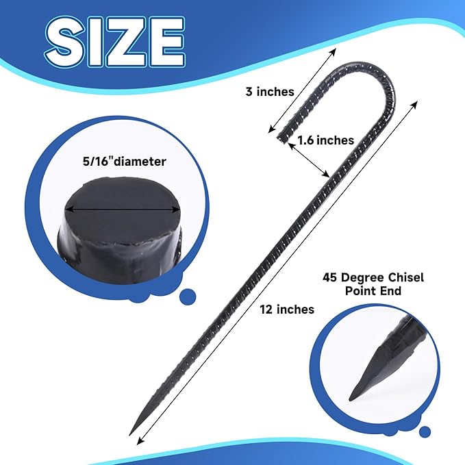 12 Inch Heavy Duty Rebar Stakes, 20-Pack Galvanized Steel J Hook Tent Stakes for Outdoor Decorations, Inflatables, Fencing, Gardening, Gazebo and Swing Set Anchors