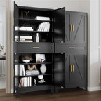 71 "Farmhouse Metal Filing Cabinet with a Drawer and 4 Adjustable Shelves, with 4 Large barn Door White Kitchen Cabinets, Metal Food Cabinets for Home, Kitchen, Dining/Living Room (Black)