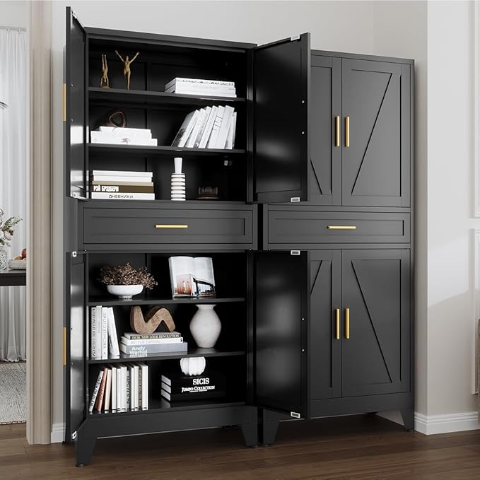 71 "Farmhouse Metal Filing Cabinet with a Drawer and 4 Adjustable Shelves, with 4 Large barn Door White Kitchen Cabinets, Metal Food Cabinets for Home, Kitchen, Dining/Living Room (Black)
