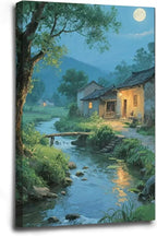 Moonlight under the big tree creek cabin scenery is suitable for posting in the living room bedroom office scenery poster wall painting