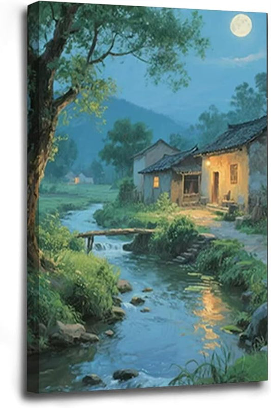 Moonlight under the big tree creek cabin scenery is suitable for posting in the living room bedroom office scenery poster wall painting