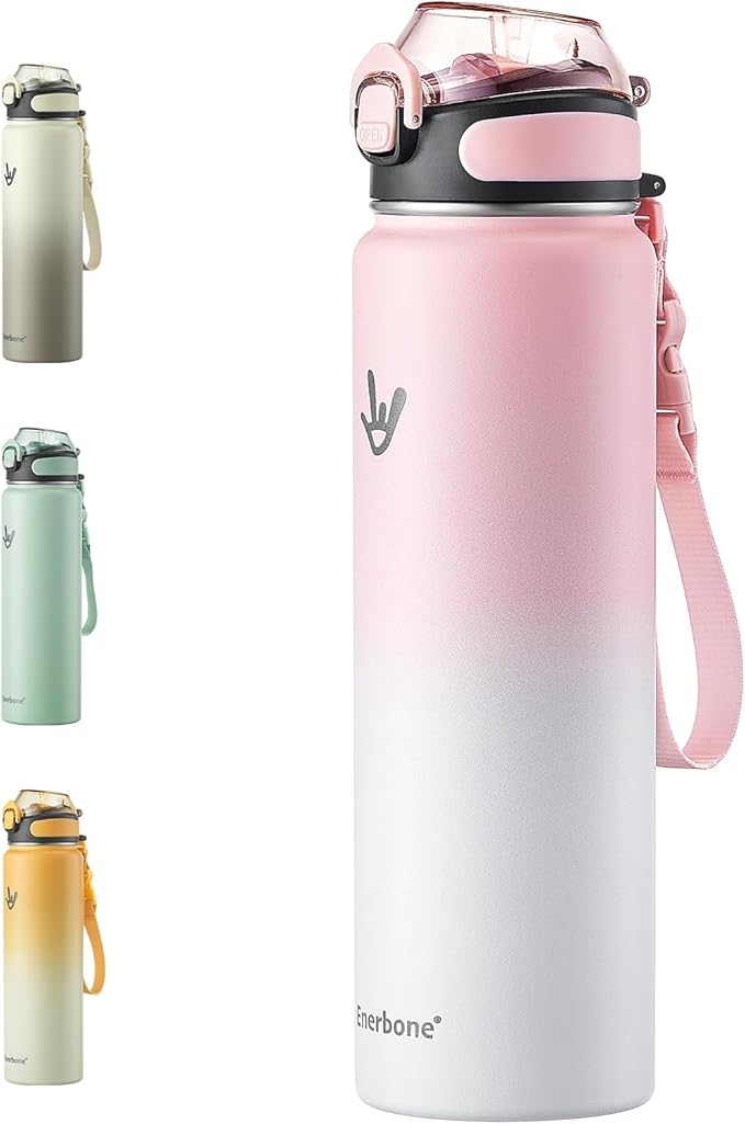 Enerbone 32 oz Insulated Water Bottle, Stainless Steel Bottle with Carrying Strap, Double-Wall Vacuum Insulation Design, Leakproof Sports Bottle with Straw, Keep Drinks Cold or Hot for Hours