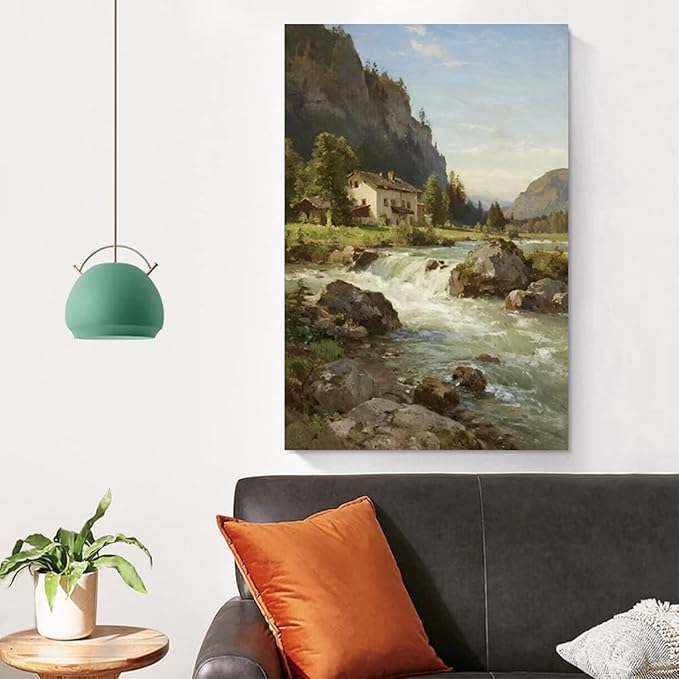 Vintage landscape rural scenery poster art farmhouse cottage wall decor living room kitchen quiet country stream suitable for bedroom bathroom