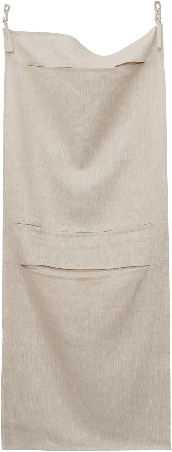 100% Linen Hanging Laundry Bag with 2 Compartments, Over the Door Laundry Hamper, Dirty Clothes Space Saving Organizer 19.7 x 47 Inches, Linen