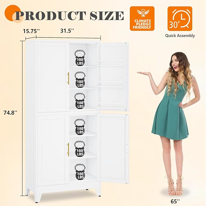 74.8" Tall Metal Food Cabinet, White Kitchen Pantry Cabinet, Storage Cabinets with 4 Door and 4 Adjustable Shelves, Steel Freestanding Cupboard for Kitchen Dining Room Living Room Bathroom