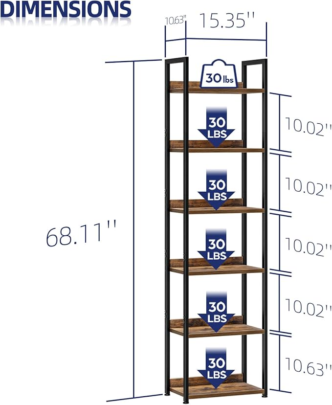 NUMENN Narrow Bookshelf, 6 Tier Bookshelves, Home Office Bookcase Shelf Storage Organizer, Free Standing Storage Shelving Unit for Bedroom, Living Room and Home Office, Vintage
