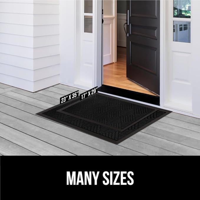 GORILLA GRIP 100% Waterproof All-Season WeatherMax Doormat US Designed Natural Rubber, Stain and Fade Resistant, Low Profile Indoor Outdoor Door Mats, Easy Clean Patio Mat, 17x29, Black Diamond