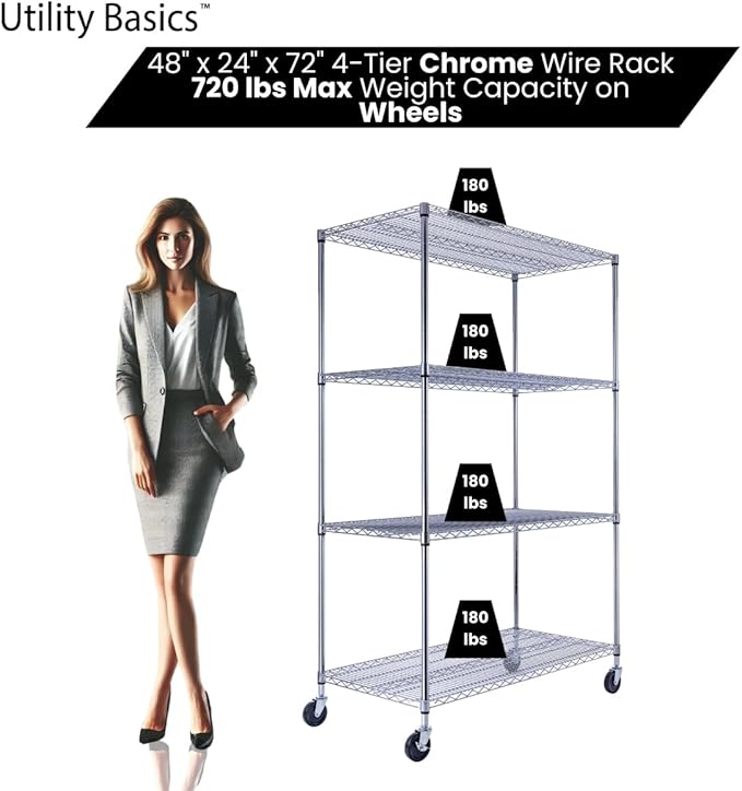 48"x24"x72" Chrome Premium Metal Steel Wire Shelving 4-Tier NSF 3200 LBS MAX Capacity Heavy Duty Storage Rack for Garages, Commercial Spaces, Hospitals, & Schools w/Premium Wheels