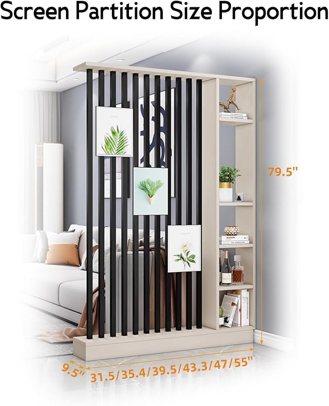 Wall Room Divider, Storage Cabinet Storage Display with Shelves, Modern Freestanding Wood Room Divider Screen, Wall Privacy Screens for Home Decorative (Beige+Black,55" L x 9.5" W x 79.5" H)