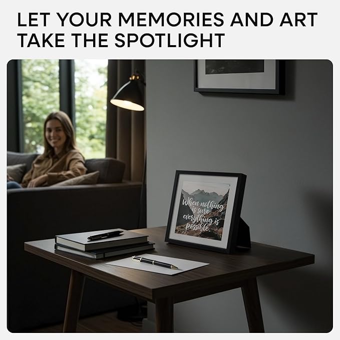 Homeforia 8x8 Black Picture Frame, High End Metal 8 x 8 Square Photo Frames with Mat 6 by 6, 8x8 Poster Frame Matted to 6x6 inch Print, 8by8 Wall or Tabletop Frames, Tempered Glass, Wall Kit, Set of 1