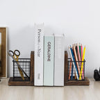 MyGift Rustic Burnt Wood Decorative Bookends for Heavy Books with Matte Black Metal Wire Basket Pencil Cup and Office Supplies Storage Baskets, 1-Pair