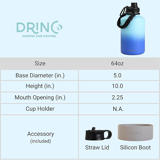 DRINCO Stainless Steel Water Bottle Spout Lid Vacuum Insulated Double Wall Water Bottle(64oz 40oz 32oz 22oz 18oz 14oz) Leak Proof Keep Cold Sport Camping Hiking (64 oz, 64oz Morning Sky Blue)