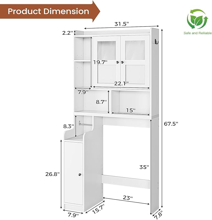 Itaar Over The Toilet Storage Cabinet, Over Toilet Bathroom Organizer with Glass Doors & Toilet Paper Holder Stand, Home Space-Saving Toilet Rack, for Bathroom, Restroom, Laundry(White)