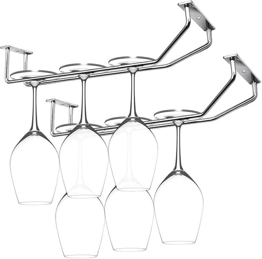 10.8 Inch Wine Glass Rack, Under Cabinet Wine Glass Holder, Wine Glass Hangers Under Shelf, Chrome Finish Stemware Rack, Hanging Stemware Holder for Cabinet Kitchen Bar, Set of 2