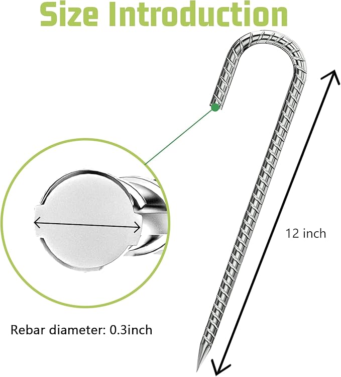 Rebar-Stakes-12-Inch, Ground Stakes Heavy Duty U-Hook Galvanized Anti-Rust Tent Stakes Heavy Duty Ground Anchors for Garden Dog Fence Chicken Coop Christmas Decorations Deer Fence 16pcs