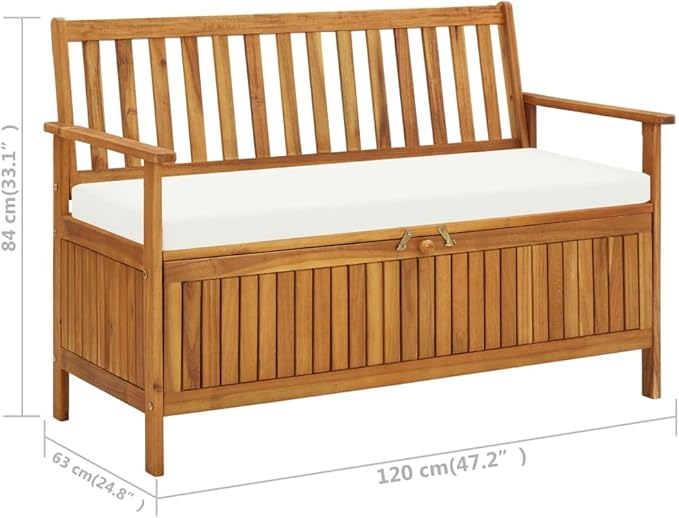 vidaXL Solid Acacia Wood Outdoor Storage Bench with Backrest, Armrests, and Cushion - 47.2"x24.8"x33.1" Rustic Patio Furniture with Large Storage Compartment