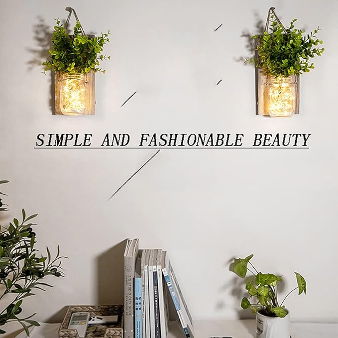 Rustic Wall Sconces, Mason Jar Sconces, Farmhouse Home Decor, LED Fairy Lights, Green Fake Plant, Interior Decoration Warm Toned Lighting. (2 Pack)