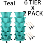 Vertical Planter 6 Tier Stackable Planters Garden Planters Strawberry Herb Flower and Vegetable Planter Indoor Outdoor Gardening Pots with Removable Wheels and Tools