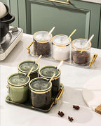 Acrylic Condiment Spice Jars,Condiment Spice Box With Lids and Spoons and Tray,Clear Plastic Condiment Canisters,Seasoning Box 6 Pack,Seasoning Box Set for Kitchen to Storage Salt,Paprika,Sugar