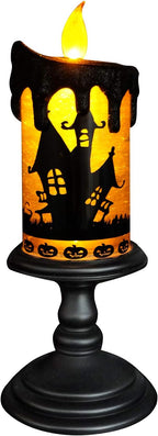 Eldnacele Halloween Snow Globe Candles Lighted Lamp, Battery Operated Spooky Spinning Water Glittering Tornado Candle Flameless Candles Table Centerpiece for Halloween Decoration Indoor(Castle)