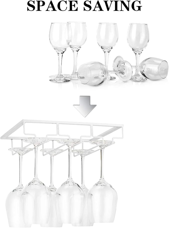 Wine Glass Rack - Under Cabinet Stemware Wine Glass Holder Glasses Storage Hanger 2 Pack Metal Organizer for Bar Kitchen White