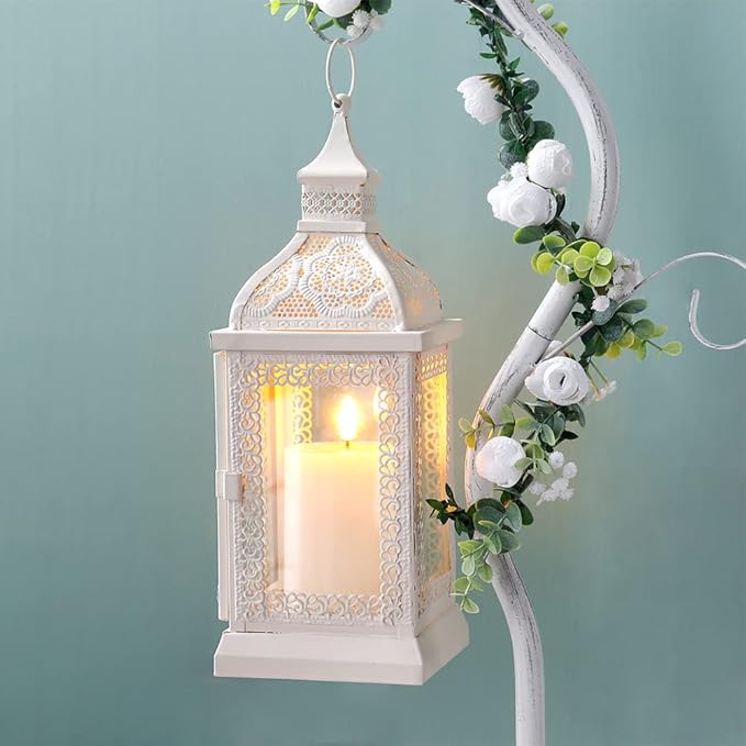 TRIROCKS Rustic Style Metal Candle Lantern 13'' High Decorative Outdoor Lantern Candle Holder with Tempered Glass for Thanksgiving Christmas Living Room Garden Patio Parties Indoors Outdoors (Cream)