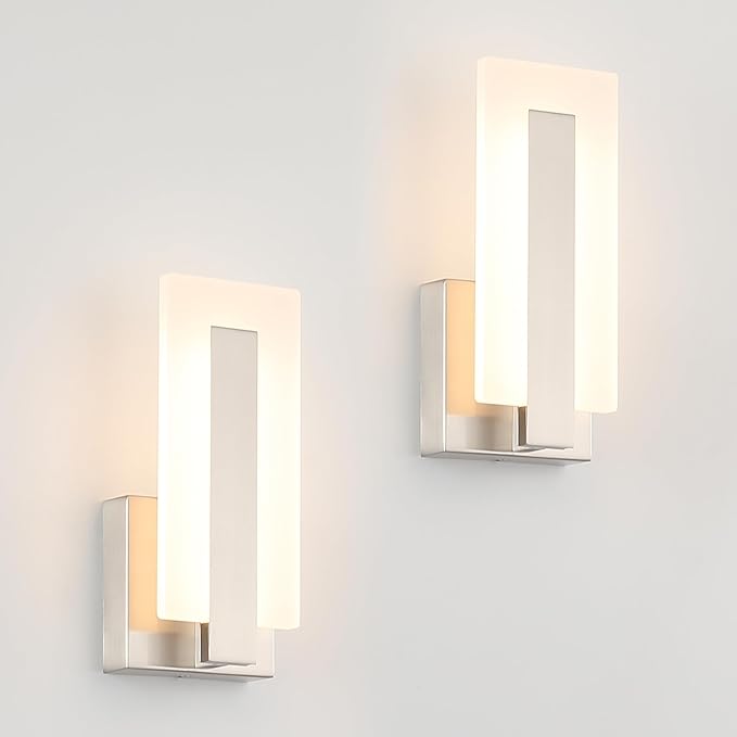 Joosenhouse LED Wall Sconce Set of 2, Hardwired Dimmable Wall Mounted Lights, Indoor Wall Lights for Hallway, Bedroom, Study, Living Room, 9.76 Inch Brushed Nickel Wall Sconce Lighting