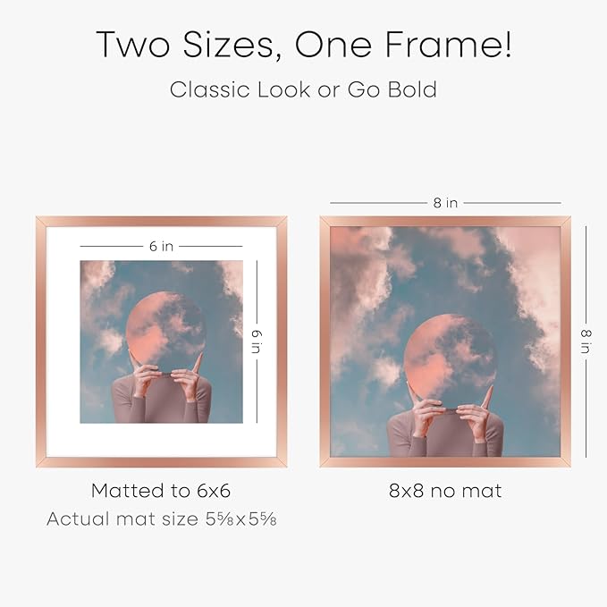 Homeforia Rose Gold Frame 8x8, High End Metal 8 x 8 Square Picture Frames with Mat 6 x 6 Art, 8x8 Photo Frame Matted to 6x6 inch Print, 8by8 Wall or Tabletop Frames, Tempered Glass, Wall Kit, Set of 1