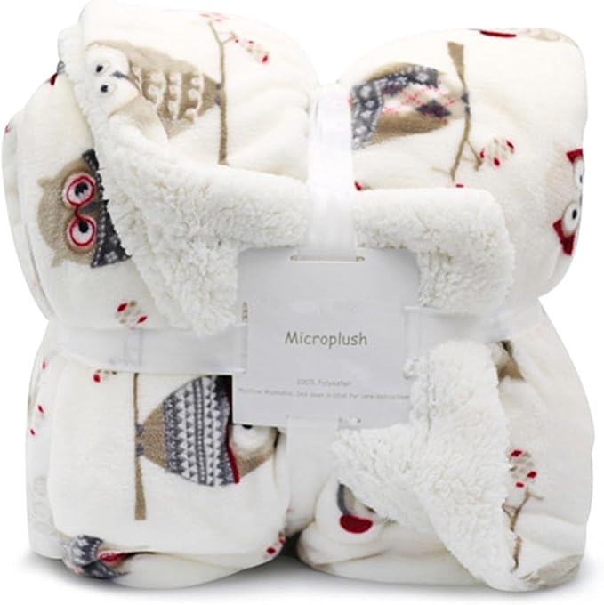 UKELER Flannel Sherpa Throw 60'' x 50''- Owl Printed Soft Plush Flannel Blanket Throws for Bed/Couch/Sofa/Office/Camping