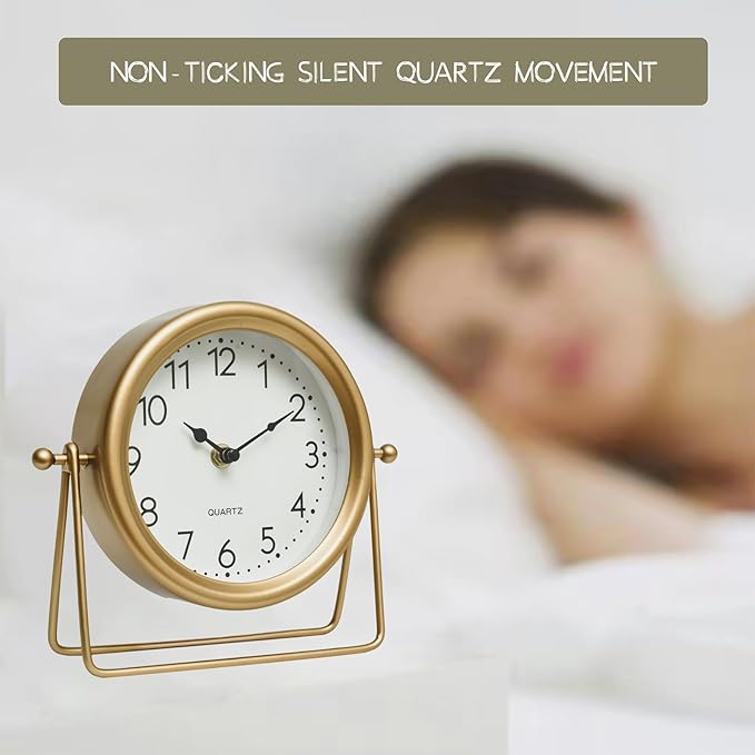 Vintage Golden Table Clock - Elegant Battery Operated Office, Living Room, and Bedroom Clock with Minimalist Design Gold Table Decor 22x19.5x5.5cm