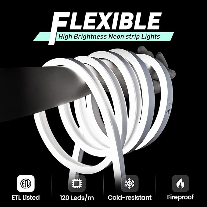 GZBtech Flexible LED Neon Rope Lights 82FT,AC 110-120V Waterproof Strip Light, 120 LEDs/M Cuttable Connectable Neon Lighting for Indoor Outdoor Home Decor/Commercial Building Use-Cold White 25M