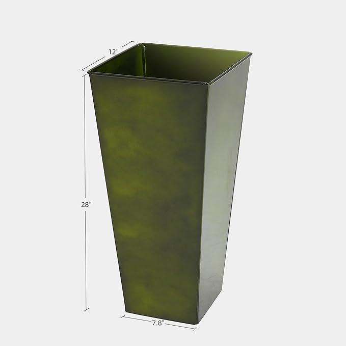 KOL 28''H. Tall Metal Planter with Saucer, Galvanized Steel Glazed Planter Pots with Drainage Hole for Indoor & Outdoor Use, Set of 2, Decorative Flower Plant Pots for Front Porch, Patio, Deck - Green