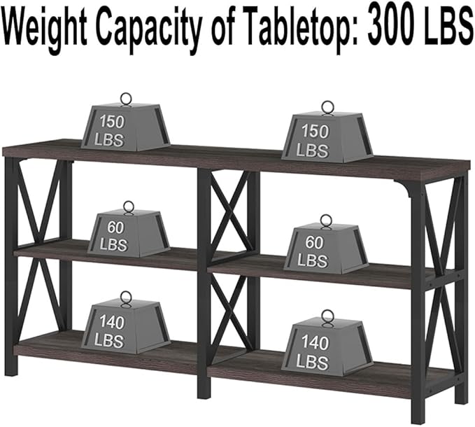 LVB Rustic Console Table, Industrial Modern Sofa Table Behind Couch, Long Metal Wood Entryway Table with Storage Shelf, Farmhouse Foyer Hallway Table for Home Living Room Bedroom, Dark Gray Oak, 63 in