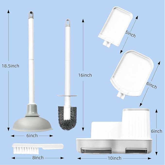 2 Pack Toilet Brush and Plunger Set, 3 in 1 Toilet Bowl Brush and Holder with Crevice Cleaning Brush Wall Mounted Household Bathroom Cleaning Tools Combo(2)
