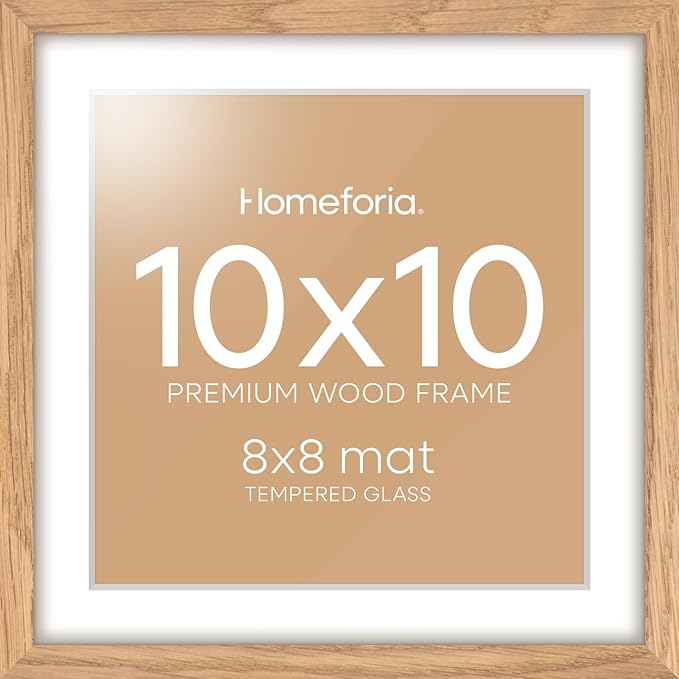 Homeforia 10x10 Picture Frame Wood, High-End Natural Oak 10 x 10 Thin Square Poster Frames with Mat 8 by 8 inch Photo, 10by10 Light Wooden Frame Matted to 8x8 Print, Tempered Glass, Wall Kit, Set of 1