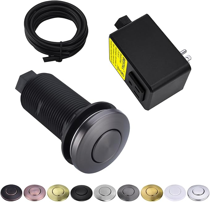 BESTILL Garbage Disposal Button, UL Listed, Cordless Sink Top Air Switch Kit for Waste Disposer, 3.6" Long Push Button with Brass Cover, Gunmetal Gray, Compatible with all Garbage Disposals