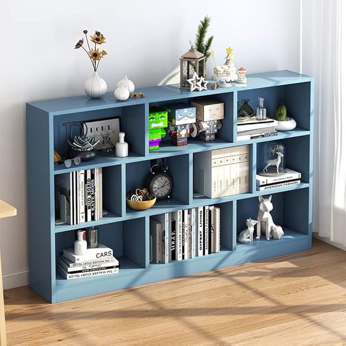 IOTXY Open Shelf Low Bookcase - Wooden 3-Tier Floor Standing Display Cabinet Organizer with Base, 10 Cubes Short Horizontal Bookshelf in Bright Blue