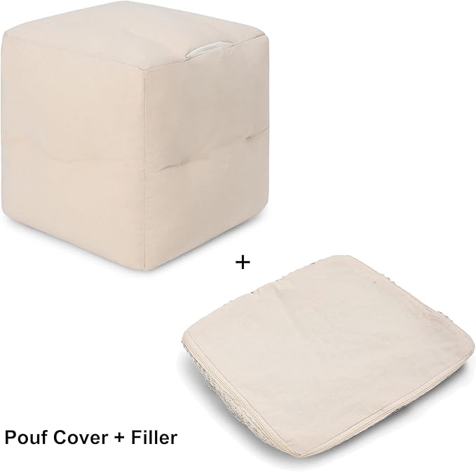 REDEARTH · Tufted Pouf Ottoman with Filler Textured Storage Cube Bean Bag Pouffe Footrest for Living Room, Bedroom, Nursery, Kidsroom; 100% Cotton (17.5"X17.5"X17.5", Loom Story 3 Natural Black)