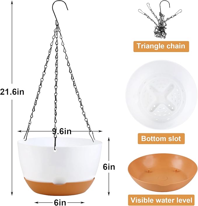 10 inch Hanging Planters for Indoor Outdoor Plants with Self-Watering Pots, 3 Pack Plastic Hanging Basket with Removable Tray for Home Garden Porch Balcony Patio Decor(White+Black+Green)