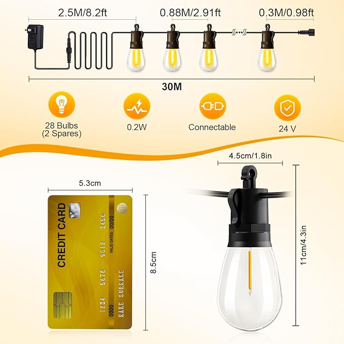 Outdoor String Lights Patio LED Light Outside - 30M 28+2 S14 LED 100ft Porch Lighting IP65 Waterproof