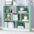 IOTXY Open Shelf Low Bookcase - Wooden 3-Tier Floor Standing Display Cabinet Organizer with Base, 7 Cubes Short Horizontal Bookshelf in Tiffany-Green