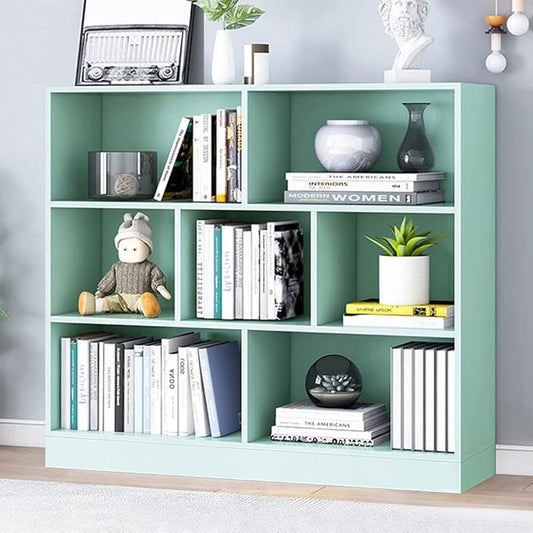 IOTXY Open Shelf Low Bookcase - Wooden 3-Tier Floor Standing Display Cabinet Organizer with Base, 7 Cubes Short Horizontal Bookshelf in Tiffany-Green
