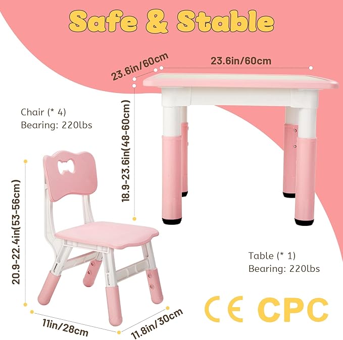 FUNLIO Kids Table and 4 Chairs Set, Height Adjustable Toddler Table and Chair Set for Ages 3-8, Easy to Wipe Arts & Crafts Table, for Classrooms/Daycares/Homes, CPC & CE Approved (5-Piece Set) - Pink
