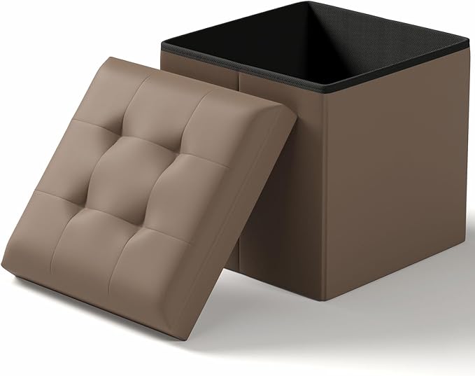 15 Inches Small Folding Storage Ottoman Cube, Storage Footrest, Foot Rest Stool, for Living Room, Bedroom, Dorm, Hallway, Entryway, Brown