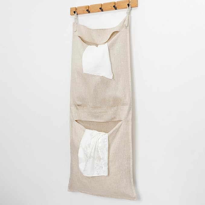 100% Linen Hanging Laundry Bag with 2 Compartments, Over the Door Laundry Hamper, Dirty Clothes Space Saving Organizer 19.7 x 47 Inches, Linen