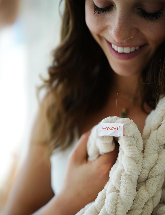 YnM Chunky Throw Blanket, Hand Knitted with Chenille Yarn, Skin Friendly, Ventilated and Breathable, Machine Washable, Home Décor Piece for Couch, Sofa and Bed (Butter Cream, 50x60 Inch)