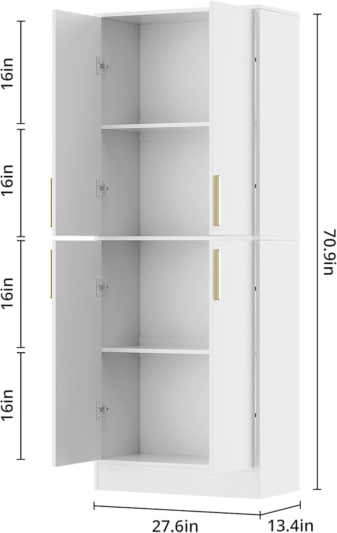 71" Tall Pantry Cabinet with 4 Doors, Kitchen Pantry Storage Cabinet, Freestanding Larder Cupboard, Kitchen Hutch with Gold Handles for Dining Room, Bathroom, White