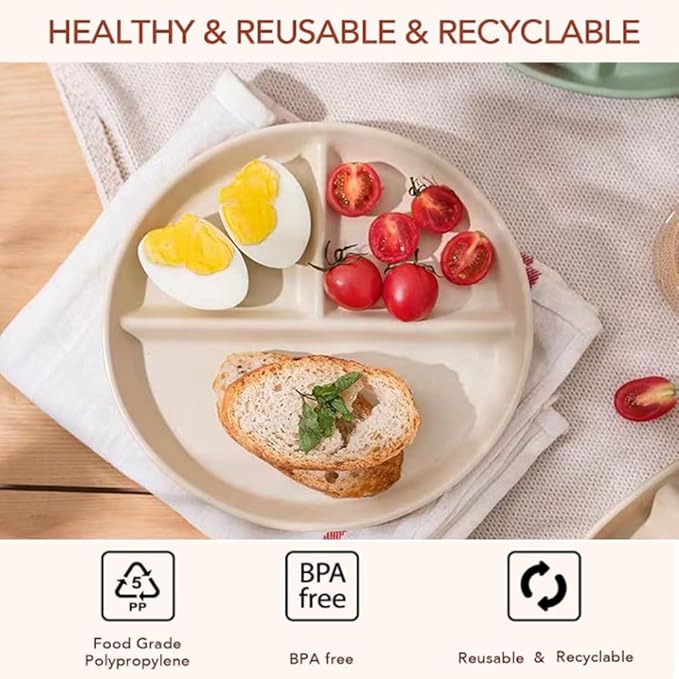 9" Unbreakable Divided Plates Set of 5, Wheat Straw Plate Reusable Dinnerware Portion Control Plates, Round Bariatric Plastic Plate for Kids Adults, BPA-free, Dishwasher Safe